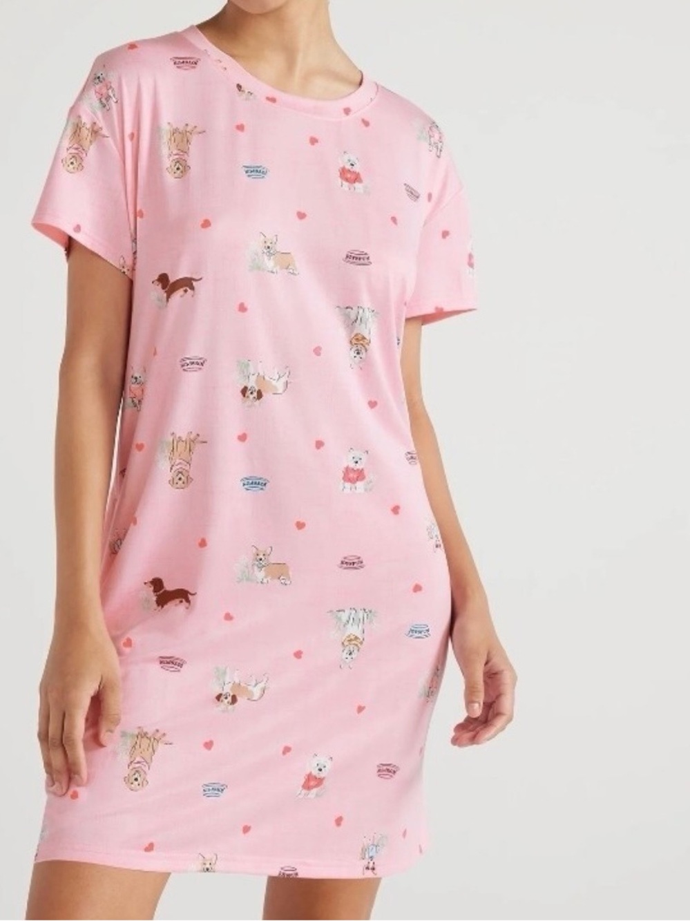 Women’s Joyspun Pink Dog-Print Short Sleeve Nightshirt with pockets!
